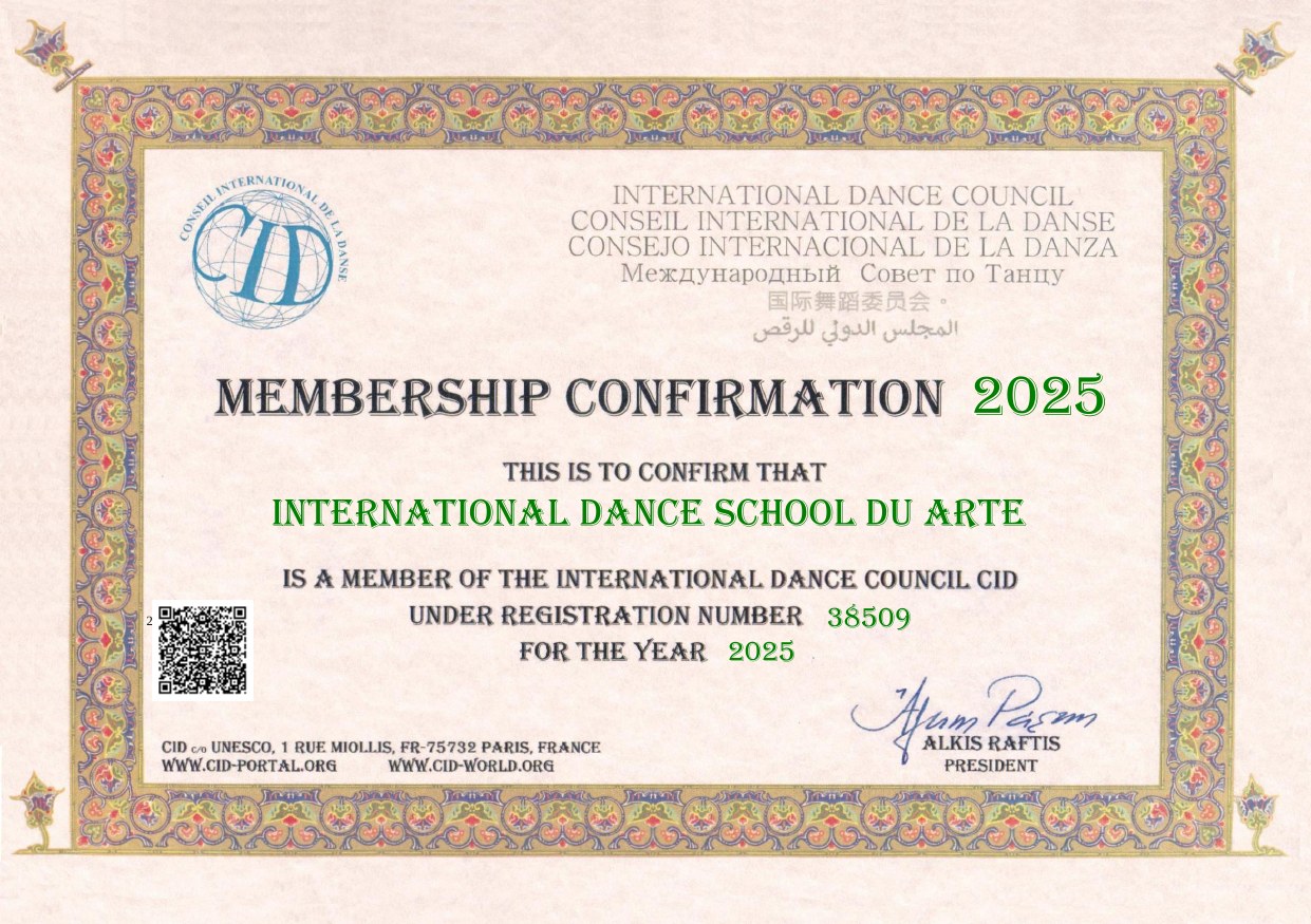 Certificado de associação da Escola Internacional de Dança Du'Arte ao International Dance Council (CID/UNESCO), registro 38509, ano 2025